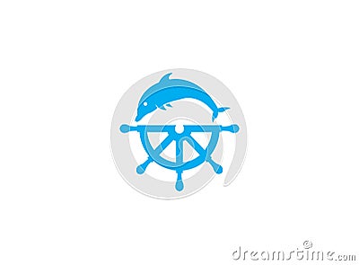 Dolphine icon and ship wheel for logo design illustration on a white background Cartoon Illustration