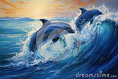 Dolphins jumping out of the ocean at sunset. 3D rendering, A group of playful dolphins leaping together over waves in a sparkling Stock Photo