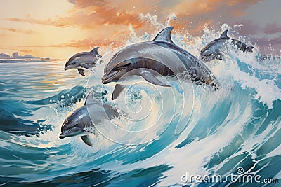Dolphins jumping out of the ocean at sunset. 3d rendering, A group of playful dolphins leaping together over waves in a sparkling Stock Photo