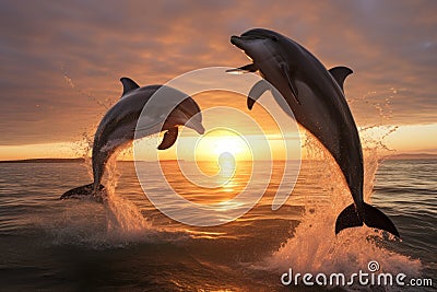 Dolphins jumping out of the water at sunset. 3d render, Playful dolphins jumping over breaking waves, AI Generated Stock Photo