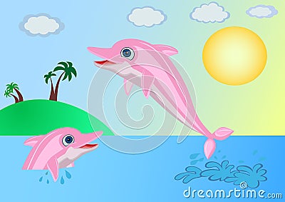 Dolphins near the island Vector Illustration