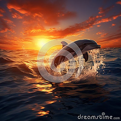 Dolphins in sea at sunset, a mesmerizing 3Drender illustration Cartoon Illustration