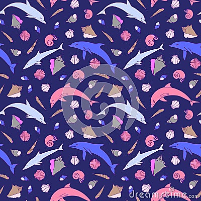 Dolphins and shells seamless pattern. Cartoon vector illustration, cute sea animals and different kind of seashells collection Vector Illustration