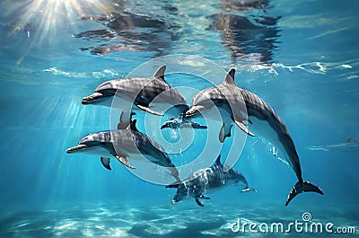 Dolphins swim in sea water Stock Photo