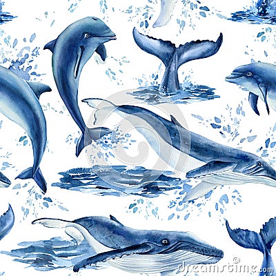 Dolphins and Whales watercolor, nature background, seamless pattern Cartoon Illustration