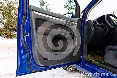 Dolyna, Ukraine December 22, 2021: open door of a Volkswagen car close up. Editorial Stock Photo