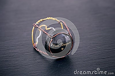 Dom Perignon Champagne muselet with cap on black background Editorial Stock Photo