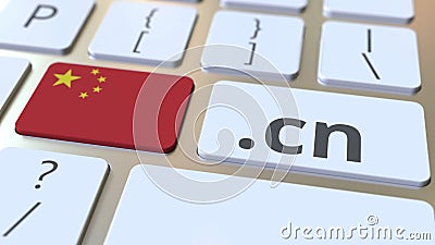 Chinese domain .cn and flag of China on the buttons on the computer keyboard. National internet related 3D rendering Stock Photo