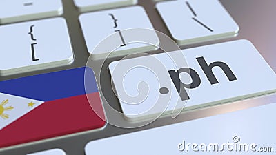 Domain .ph and flag of Philippines on the buttons on the computer keyboard. National internet related 3D rendering Stock Photo