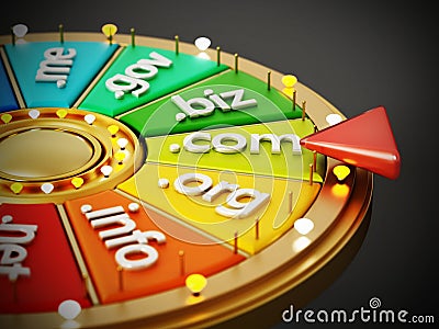 Domain name extensions on prize wheel. 3D illustration Cartoon Illustration