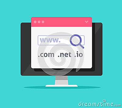 Domain name search find icon vector or web server registration on hosting buy on computer pc internet site page flat cartoon Vector Illustration
