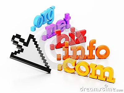 Domain names and cursor isolated on a white background. 3D illustration Cartoon Illustration