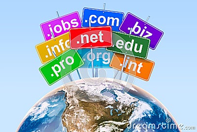 Domain names with Earth Globe concept, 3D rendering Stock Photo