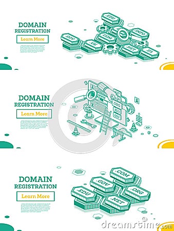 Domain Registration. Isometric Business Concept. Choosing an URL Address and Name of Domain Zone for Web Site Stock Photo