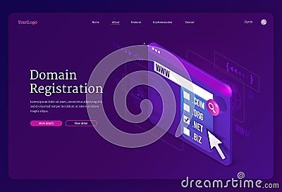 Domain registration isometric landing page, banner Vector Illustration