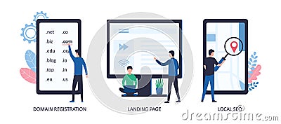 Domain registration, landing page, local SEO. Web development and website promotion concepts. Choosing a domain name, creating a Vector Illustration