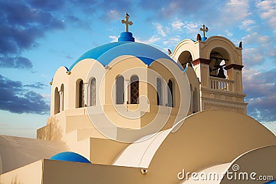 Dome and bell tower details of the main church in Emporio, Santorini Stock Photo