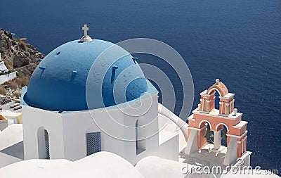 Dome and Bells of Fira Church, Santorini, Greece Stock Photo