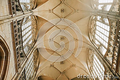 Dome in Cathedral. Grand interior, gothic ornamental details of roof inside. High ceiling, famous church Editorial Stock Photo