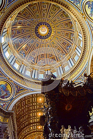 Dome inside of St. Peter`s Basilica with St. Peter`s Baldachin Editorial Stock Photo