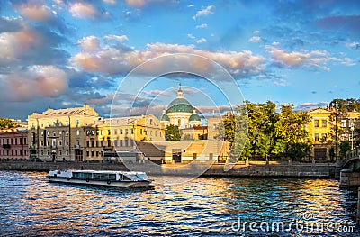 The dome of the Izmaylovsky Cathedral and the pleasure ship Stock Photo