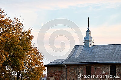 Dome with orthodox cross and ancient thousand years brick masonry wall of St Boris and Gleb or Kalozhskaya Church in Stock Photo