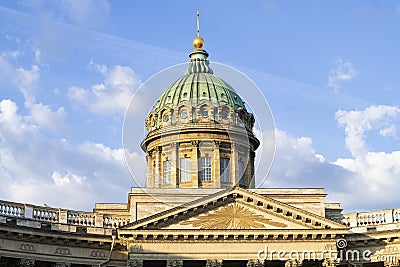 Dome and pediment of the Cathedral of the Kazan Icon of the Mother of God. Saint Petersburg Stock Photo