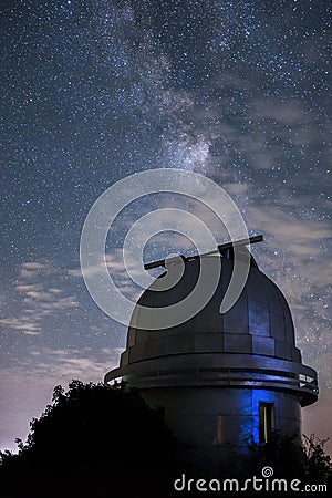 Dome of a small telescope in an observatory against the milky wa Stock Photo