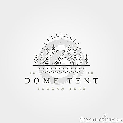 Dome tent line art logo vector symbol illustration design, outdoor camp with sun symbol illustration design Vector Illustration