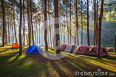 Dome tents beside the lake in the mist at sunrise Stock Photo