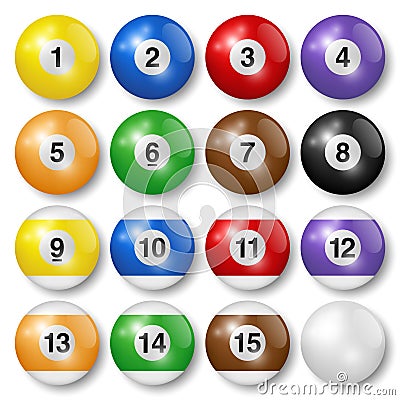 Billiard, snooker or pool balls with shadows, isolated on white background. High quality, photorealistic vector illustration. Vector Illustration