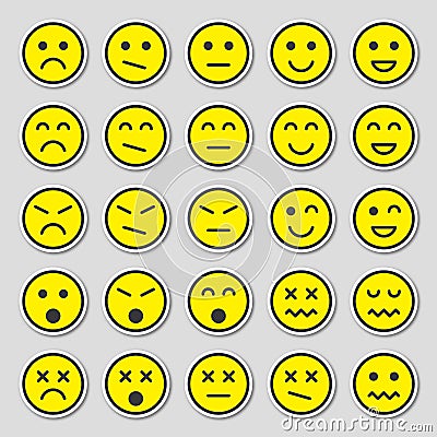 Simple and flat set of yellow emotion stickers. Emotion stickers in flat style isolated on gray background. Vector Illustration