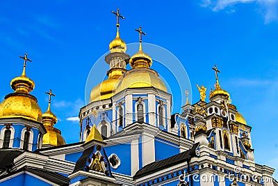 Domes of the beautiful blue Svyato Mikhailovsky Golden male monastery, The oldest Christian cathedral of Ukraine Stock Photo