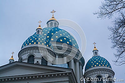 The domes with crosses of Trinity the Troitsky Cathedral Saint Stock Photo