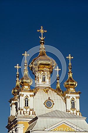 Domes of house church of Holy Apostles Peter and Paul, Grand Palace in Peterhof, St. Petersburg, Stock Photo