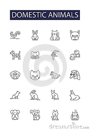 Domestic animals line vector icons and signs. cows, goats, sheep, horses, cats, dogs, chickens, ducks outline vector Vector Illustration