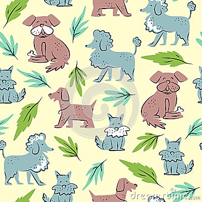 Domestic animals, pets. Seamless pattern with funny dog and leaves. Hand drawn cartoon illustration Vector Illustration