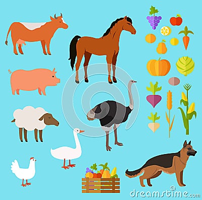 Domestic Animals Set near Fruit and Vegetable Vector Illustration