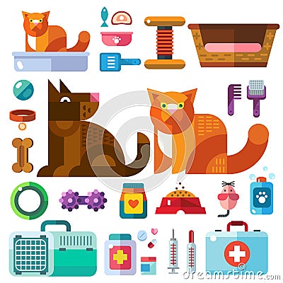 Domestic animals with their toys Vector Illustration