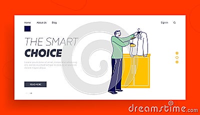 Domestic Appliance for Steaming Dress Care Landing Page Template. Male Character Use Steamer Iron for Clothing Cleaning Vector Illustration