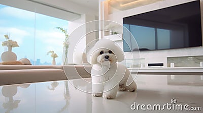 Domestic bliss with a Bichon Frise: Cozy apartment living. Stock Photo