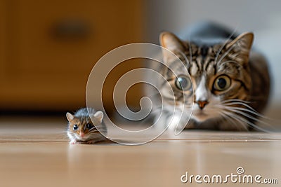 Domestic cat hunting to mouse at home, young kitty face before pounce, happy pet playing with food in house. Concept of attack, Stock Photo