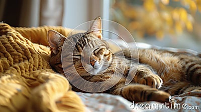 Cat Sleeping on Bed With Eyes Closed Stock Photo