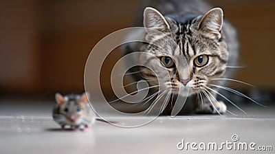 Domestic cat sneaks after mouse, face of funny pet hunting in house. Concept of food, pounce, animal, predator Stock Photo