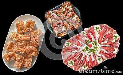 Cheese Pie and Appetizer Dish Served with Grilled Bacon Wrapped Mix Meat Kebabs and Chicken Thighs Isolated on Black Background Stock Photo