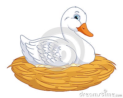 Domestic Duck Sitting in Nest with Eggs Cartoon Vector Illustration Vector Illustration