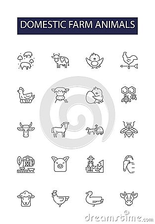 Domestic farm animals line vector icons and signs. Sheep, Pigs, Goats, Horses, Donkeys, Chickens, Turkeys, Ducks outline Vector Illustration