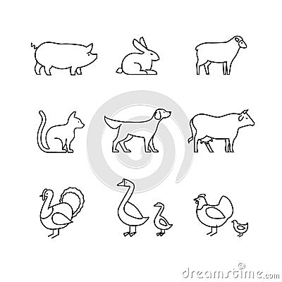 Domestic and farm animals thin line art icons set Vector Illustration