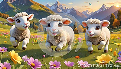 Domestic farm sheep comedy running flowers meadow Cartoon Illustration