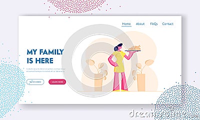 Domestic Food Website Landing Page. Young Woman Housewife Holding Plate with Roasted Turkey or Chicken Vector Illustration